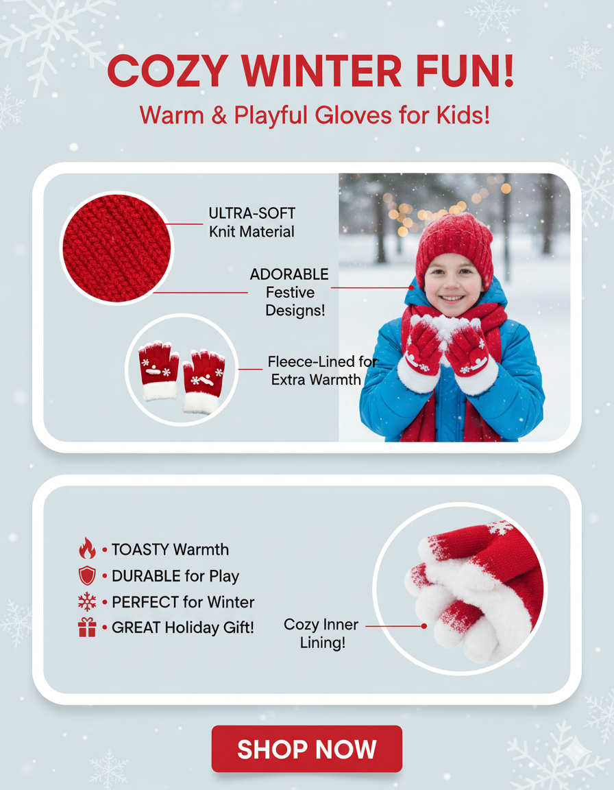 family: KATTY MAO My First Best Friend Winter Kids Gloves, Red and White Fleece-Lined, Ultra-Soft Knit Material, Snowflake Design, Perfect for Holiday Season and Cold Weather.