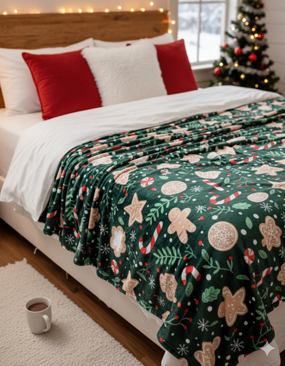 KATTY MAO My First Best Friend Ultra-Soft Christmas Throw Blanket, Green with Gingerbread Pattern, 80x58 Inches, Foldable Holiday Fleece Blanket for Bed, Couch, Travel