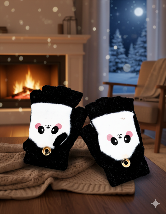Cute Winter Fingerless Gloves, Pink Knit Half Gloves with Kawaii Animal Face Design, Warm Winter Accessories.