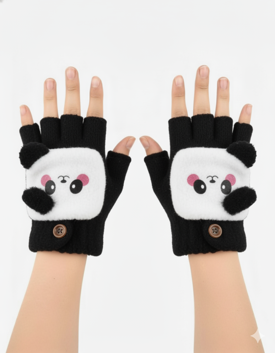 Cute Winter Fingerless Gloves, Pink Knit Half Gloves with Kawaii Animal Face Design, Warm Winter Accessories.