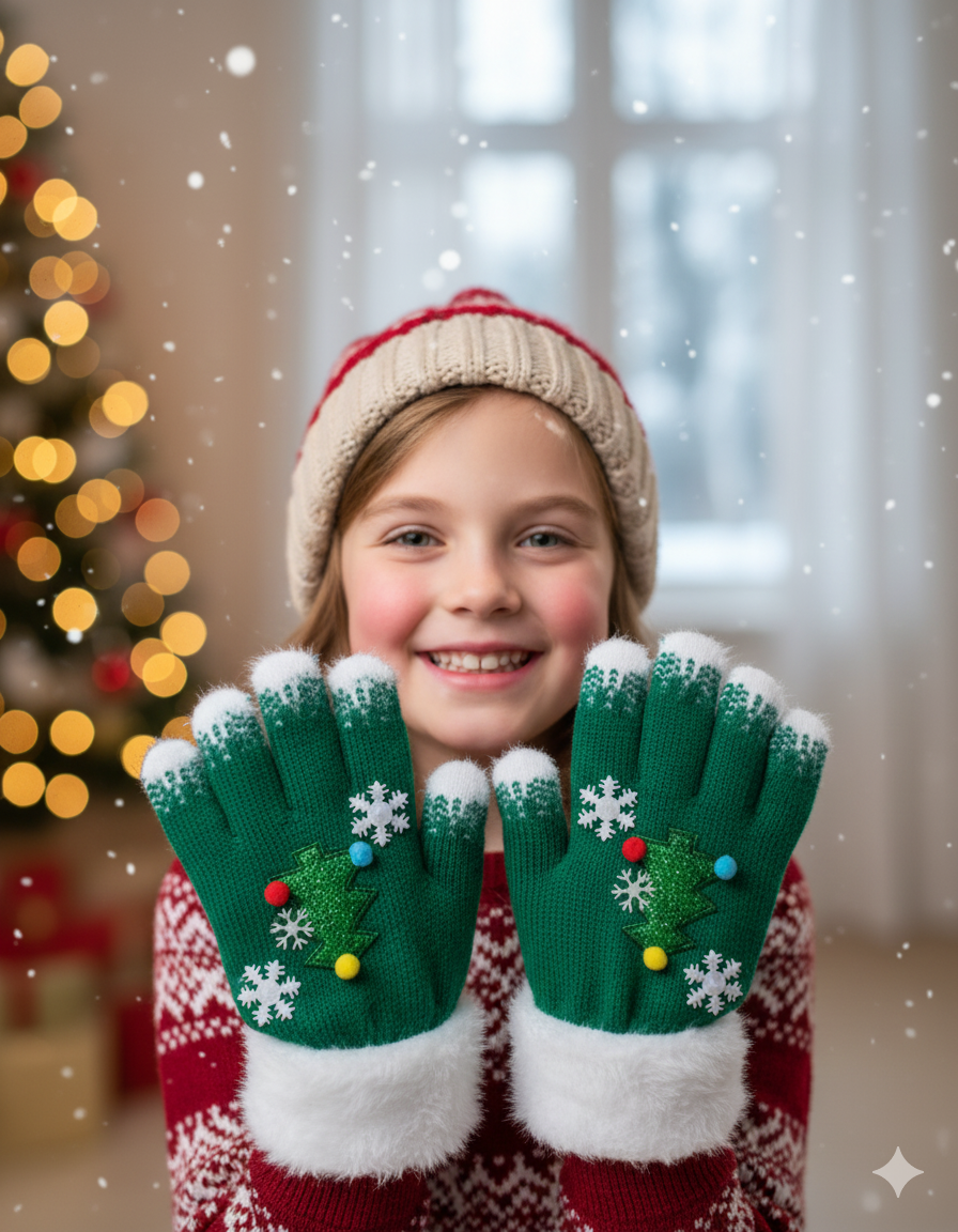 family: KATTY MAO My First Best Friend Winter Kids Gloves, Red and White Fleece-Lined, Ultra-Soft Knit Material, Snowflake Design, Perfect for Holiday Season and Cold Weather.