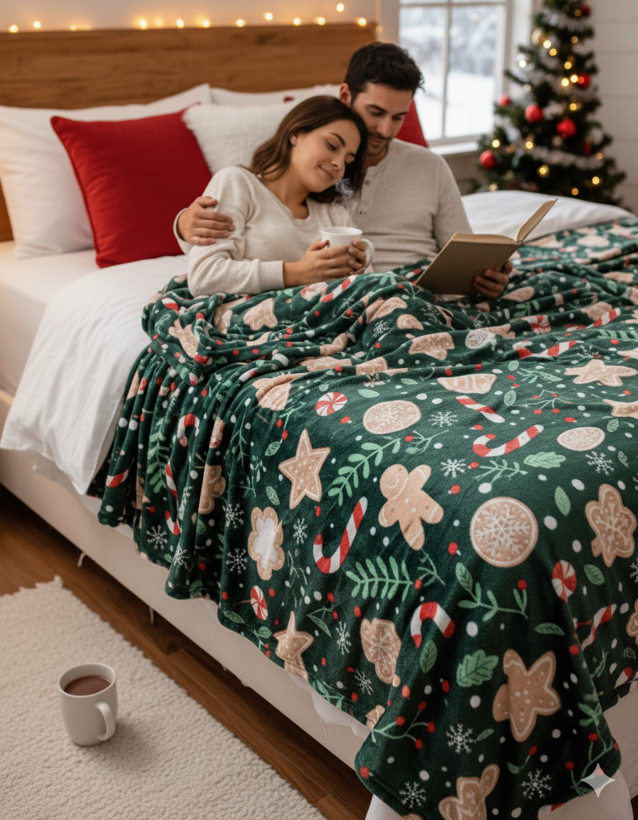 KATTY MAO My First Best Friend Ultra-Soft Christmas Throw Blanket, Green with Gingerbread Pattern, 80x58 Inches, Foldable Holiday Fleece Blanket for Bed, Couch, Travel