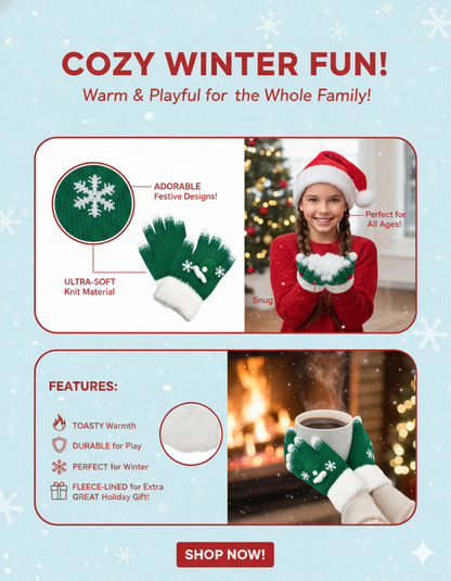 family: KATTY MAO My First Best Friend Winter Kids Gloves, Red and White Fleece-Lined, Ultra-Soft Knit Material, Snowflake Design, Perfect for Holiday Season and Cold Weather.