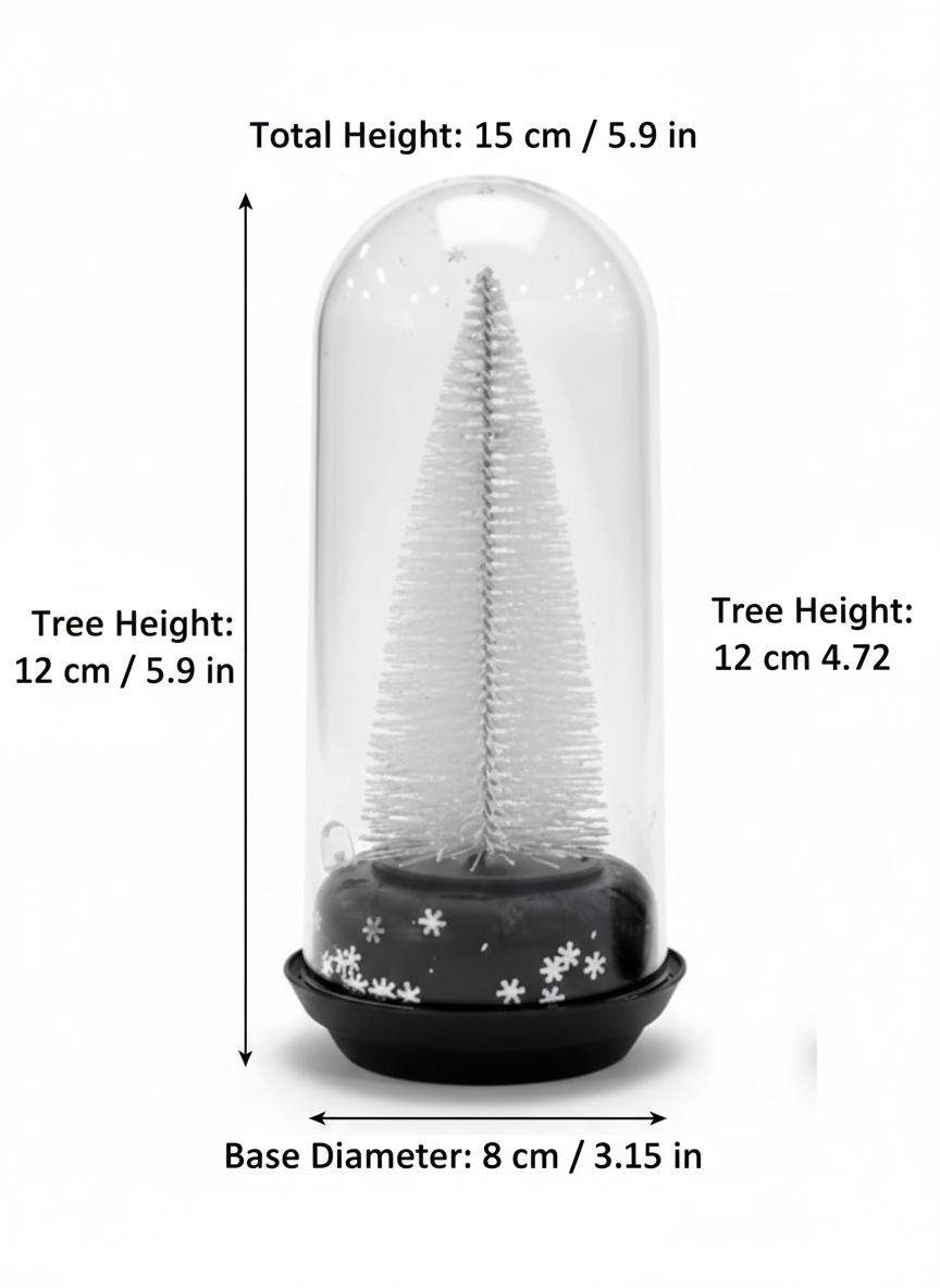 Christmas Snow Globe with White Pine Tree, Glass Dome Display, Black Base with Snowflake Pattern, Winter Holiday Decor