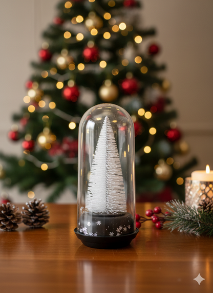 Christmas Snow Globe with White Pine Tree, Glass Dome Display, Black Base with Snowflake Pattern, Winter Holiday Decor