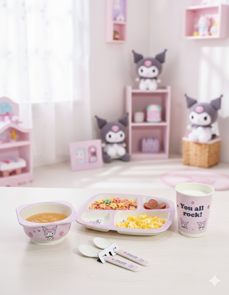 Kuromi Kids Dinnerware | Feeding Set | 5-Piece | BPA-Free | Bamboo  Meal Set