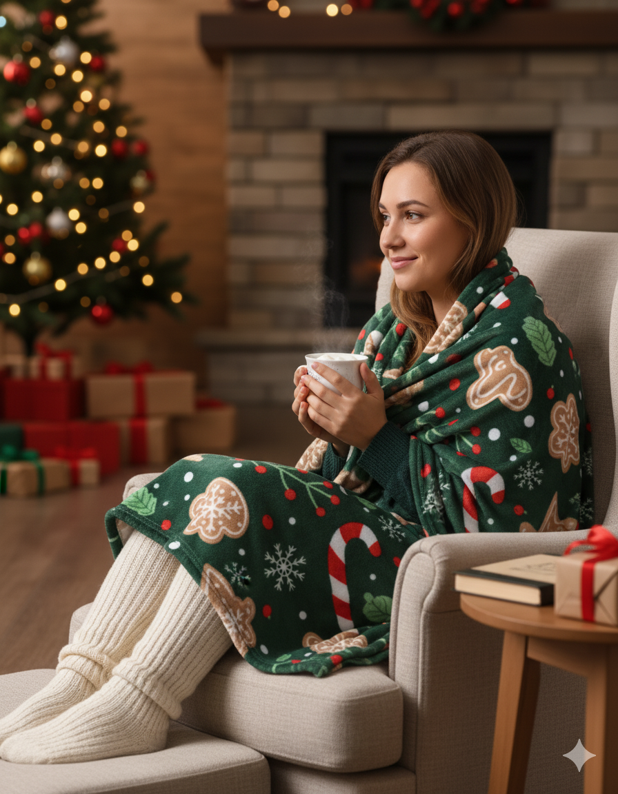 KATTY MAO My First Best Friend Ultra-Soft Christmas Throw Blanket, Green with Gingerbread Pattern, 80x58 Inches, Foldable Holiday Fleece Blanket for Bed, Couch, Travel