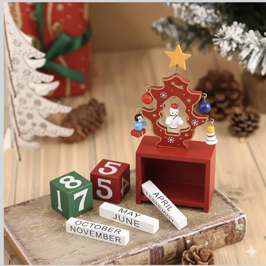 Wooden Christmas Tree Calendar with Ornaments, Perpetual Desktop Date Display, (RED)