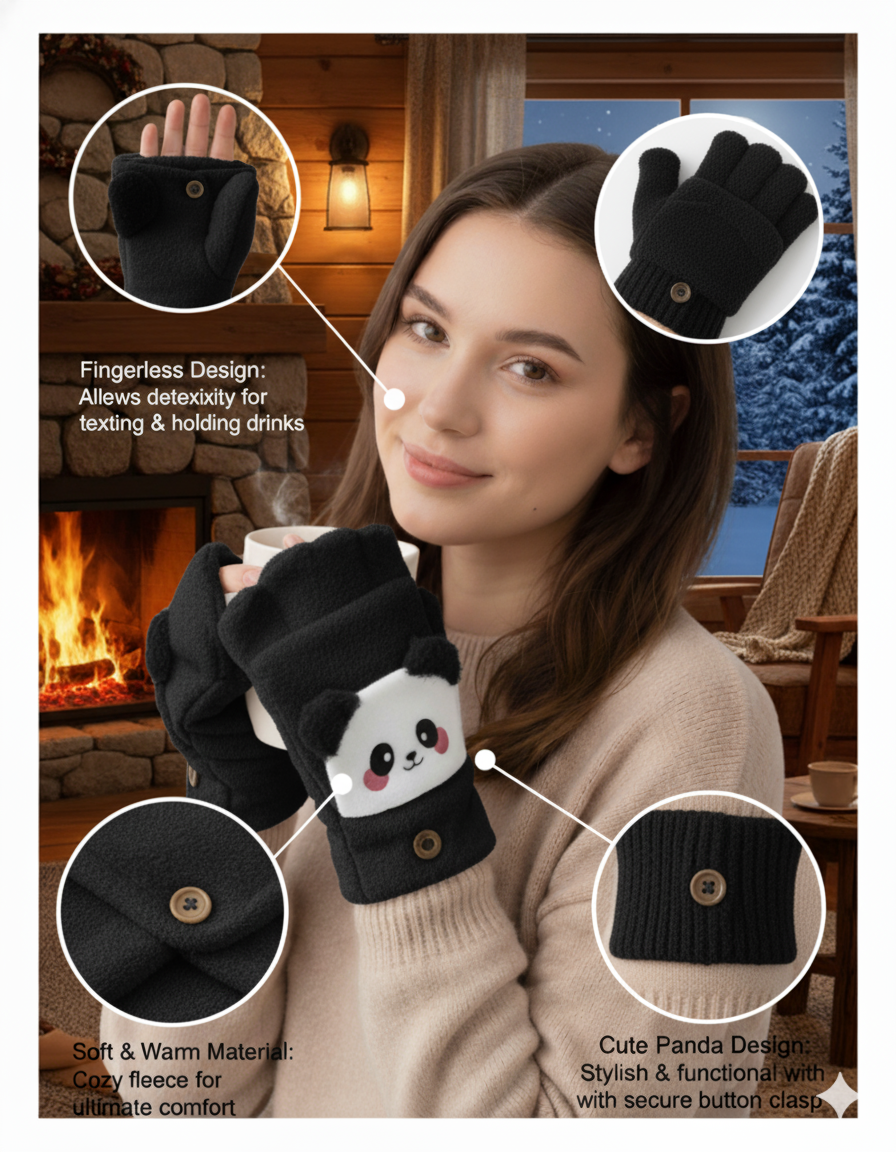 Cute Winter Fingerless Gloves, Pink Knit Half Gloves with Kawaii Animal Face Design, Warm Winter Accessories.