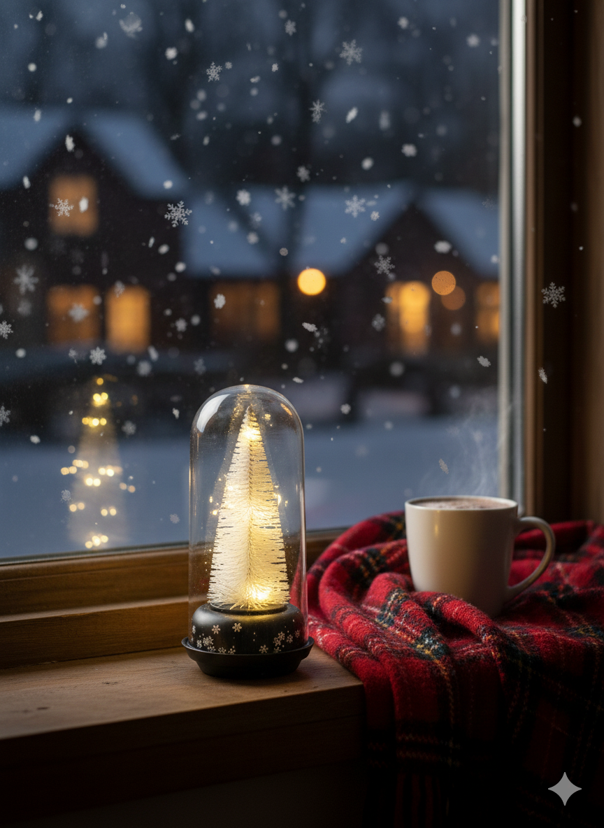 Christmas Snow Globe with White Pine Tree, Glass Dome Display, Black Base with Snowflake Pattern, Winter Holiday Decor