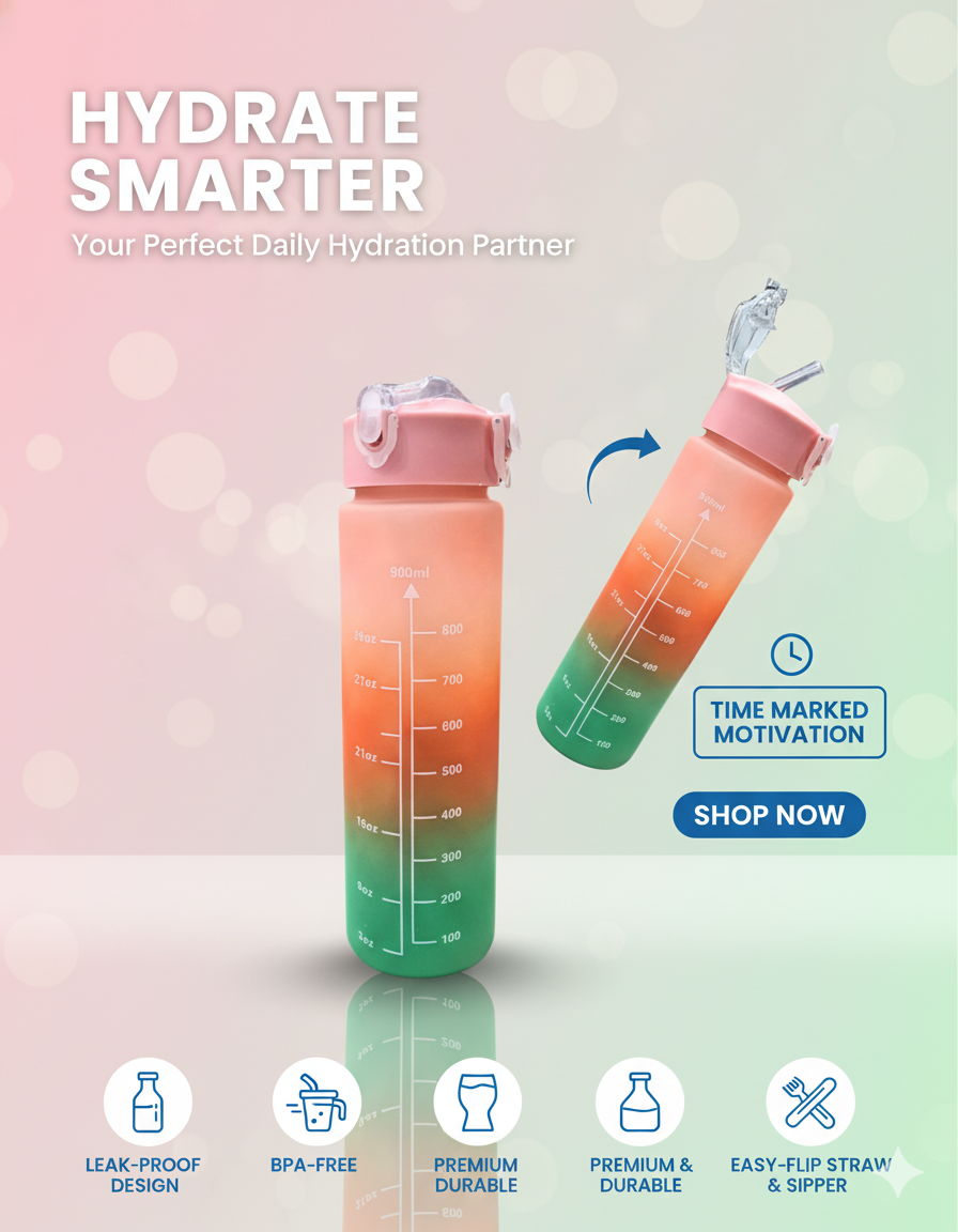 600ML | TIME MARKER | MULTICOLOUR | SPORTS PLASTIC BOTTLE | LEAK PROOF.