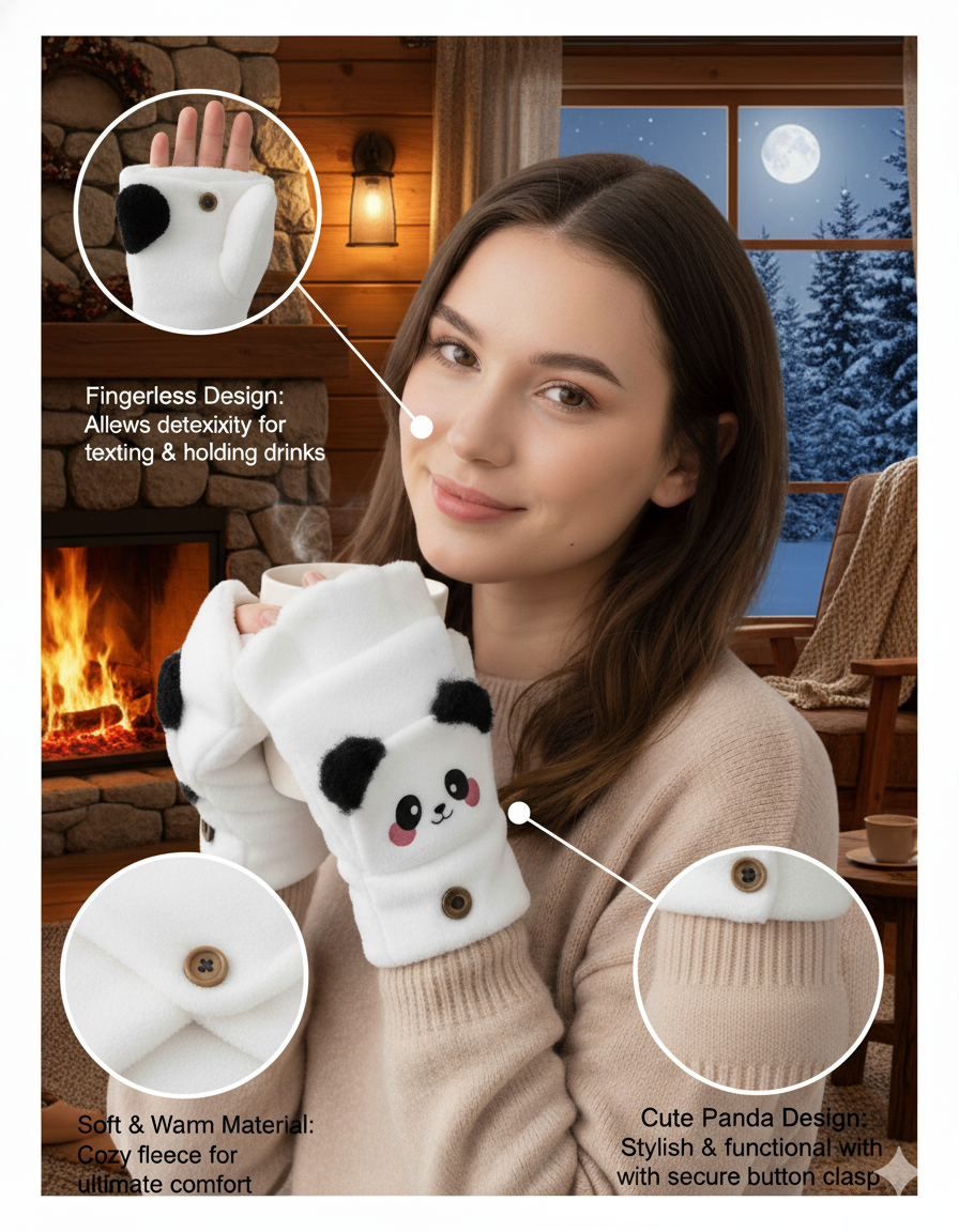 Cute Winter Fingerless Gloves, Pink Knit Half Gloves with Kawaii Animal Face Design, Warm Winter Accessories.