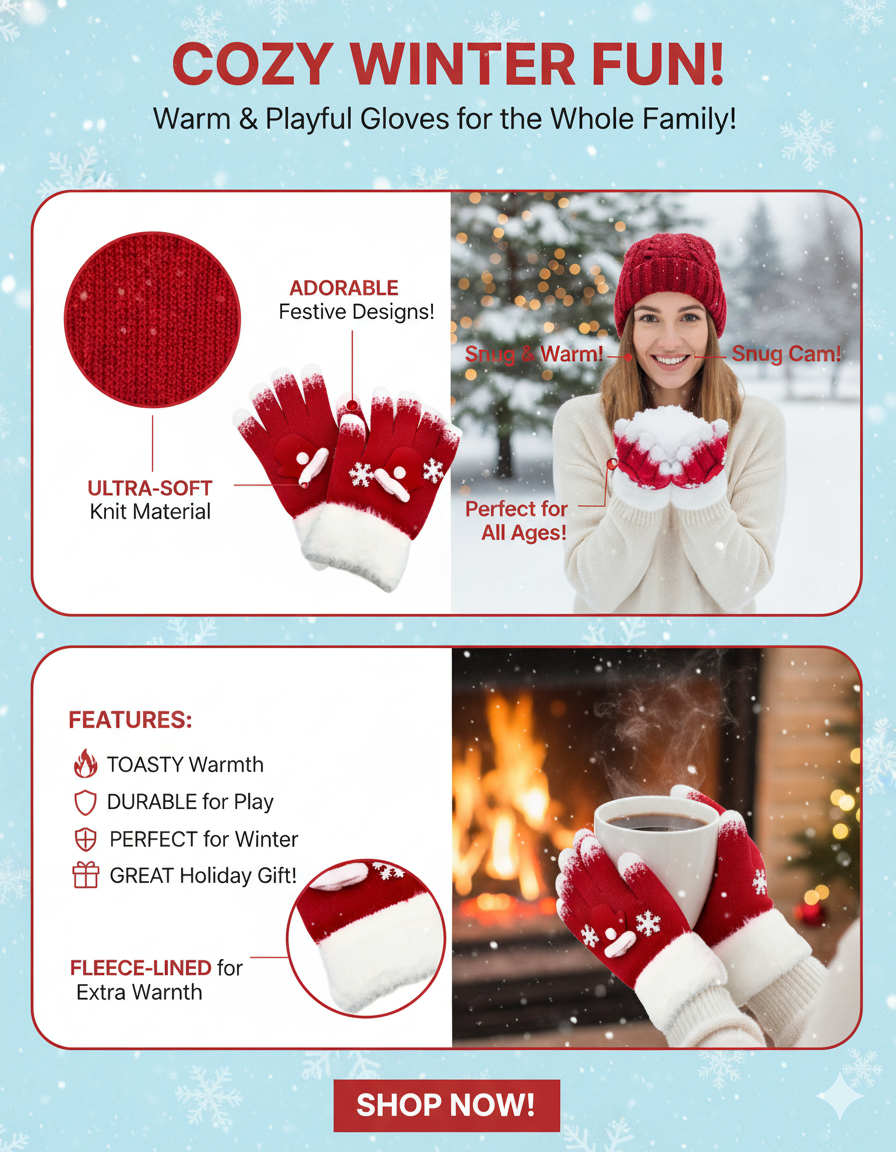 family: KATTY MAO My First Best Friend Winter Kids Gloves, Red and White Fleece-Lined, Ultra-Soft Knit Material, Snowflake Design, Perfect for Holiday Season and Cold Weather.