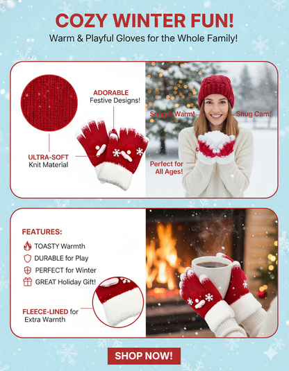 family: KATTY MAO My First Best Friend Winter Kids Gloves, Red and White Fleece-Lined, Ultra-Soft Knit Material, Snowflake Design, Perfect for Holiday Season and Cold Weather.