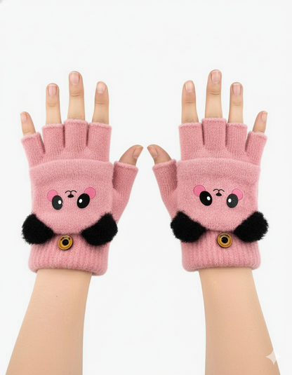 Cute Winter Fingerless Gloves, Pink Knit Half Gloves with Kawaii Animal Face Design, Warm Winter Accessories.