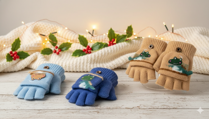 Kids Winter Fingerless Gloves | Cute Dinosaur Print | Half-Finger Style for Children.