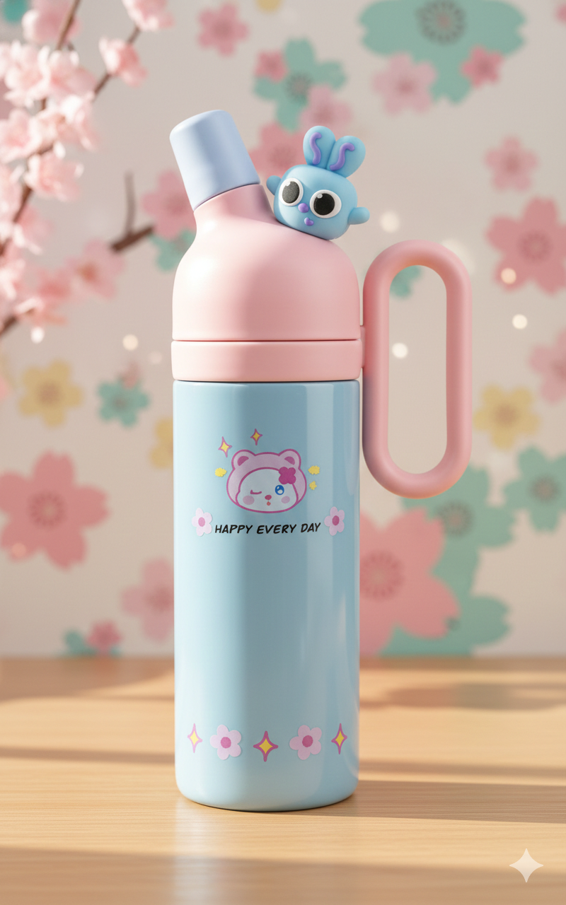 800ml Insulated Water Bottle | Cute Cartoon Design | Leak-Proof Sipper Lid with Handle