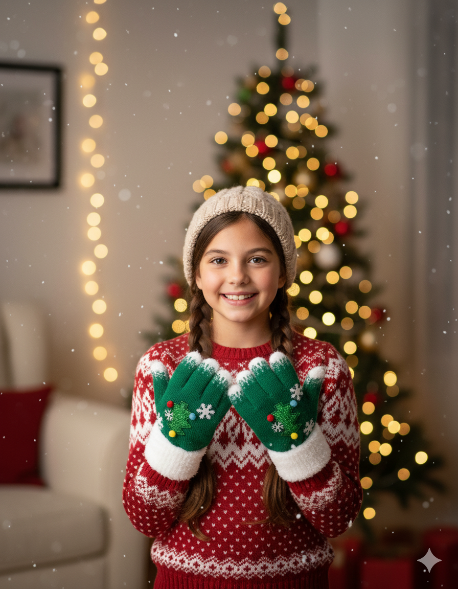 family: KATTY MAO My First Best Friend Winter Kids Gloves, Red and White Fleece-Lined, Ultra-Soft Knit Material, Snowflake Design, Perfect for Holiday Season and Cold Weather.