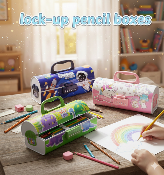 Cute designs |Printed Kids Pencil Box| Handle | Number Lock | Durable Multipurpose Organizer for Pens.