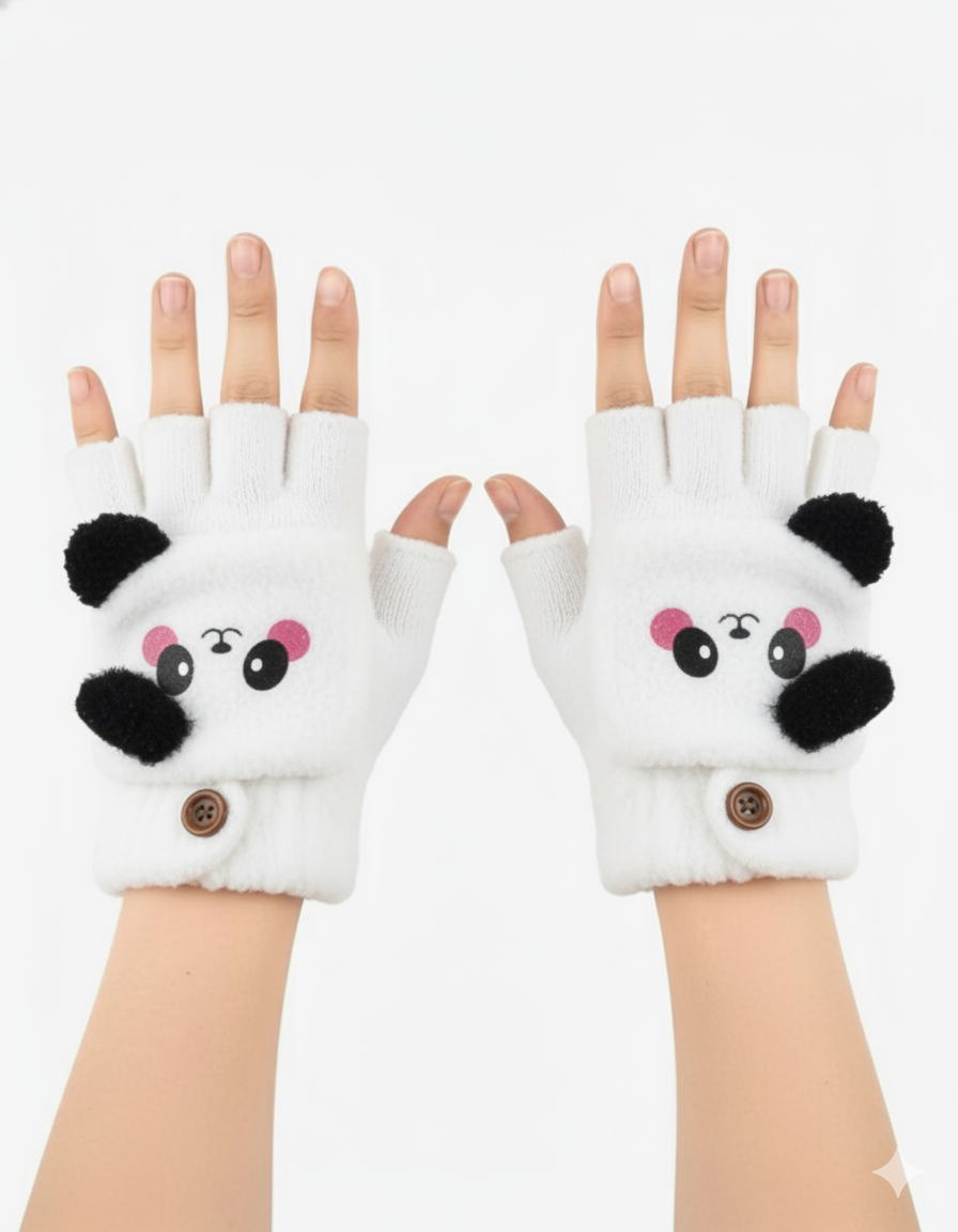 Cute Winter Fingerless Gloves, Pink Knit Half Gloves with Kawaii Animal Face Design, Warm Winter Accessories.