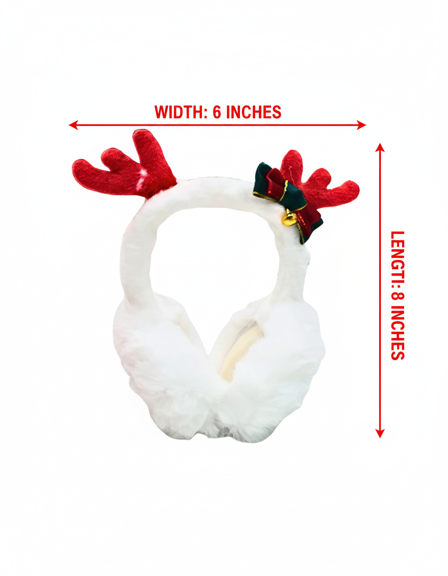 Christmas Reindeer Ear Warmers, Plush WHITE Winter Earmuffs with Festive Bow and Bell, 6 Inches Wide BY KATTY MAO. (WHITE)
