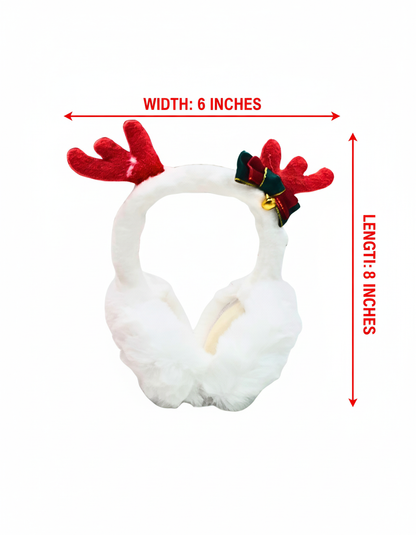 Christmas Reindeer Ear Warmers, Plush WHITE Winter Earmuffs with Festive Bow and Bell, 6 Inches Wide BY KATTY MAO. (WHITE)