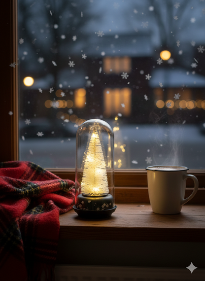 Christmas Snow Globe with White Pine Tree, Glass Dome Display, Black Base with Snowflake Pattern, Winter Holiday Decor
