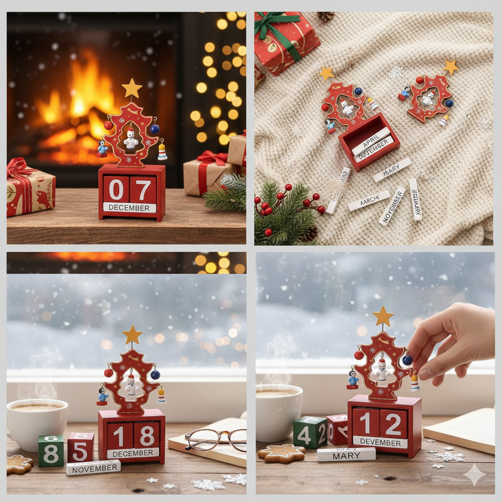 Wooden Christmas Tree Calendar with Ornaments, Perpetual Desktop Date Display, (RED)