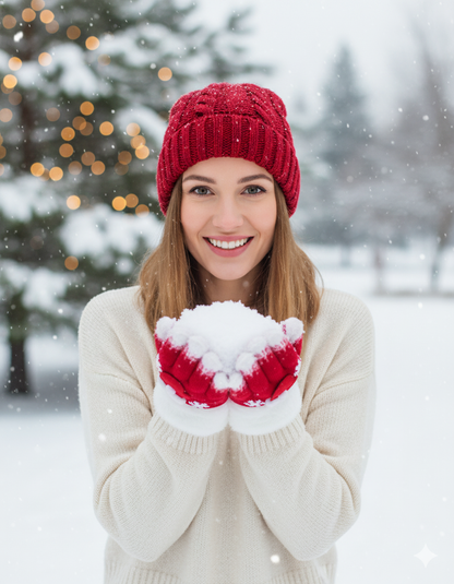 family: KATTY MAO My First Best Friend Winter Kids Gloves, Red and White Fleece-Lined, Ultra-Soft Knit Material, Snowflake Design, Perfect for Holiday Season and Cold Weather.