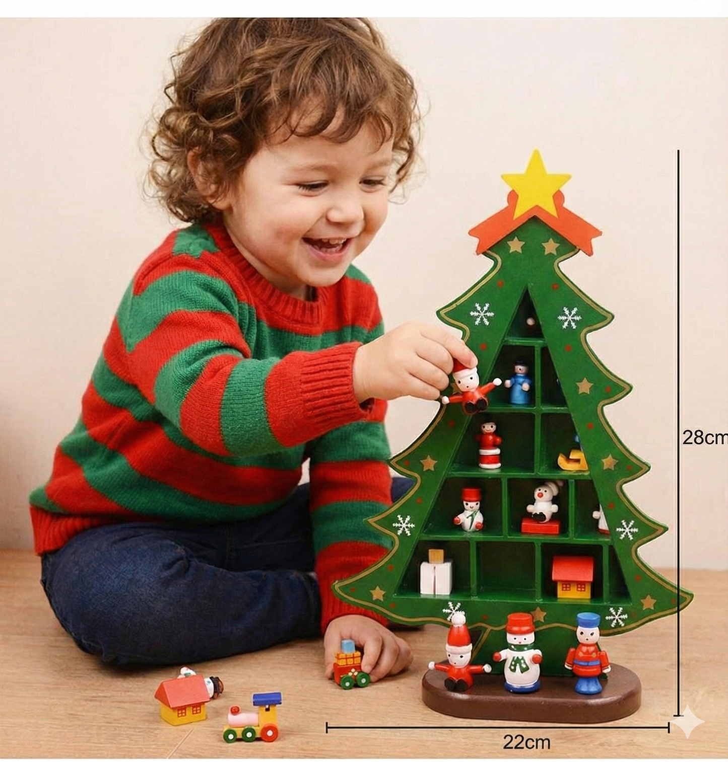 KATTY MAO My First Best Friend Wooden Christmas Tree Display Stand, Green Decorative Holiday Shelf with Miniature Ornaments, Star Topper, with Compartments and Figurine Base