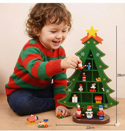 KATTY MAO My First Best Friend Wooden Christmas Tree Display Stand, Green Decorative Holiday Shelf with Miniature Ornaments, Star Topper, with Compartments and Figurine Base