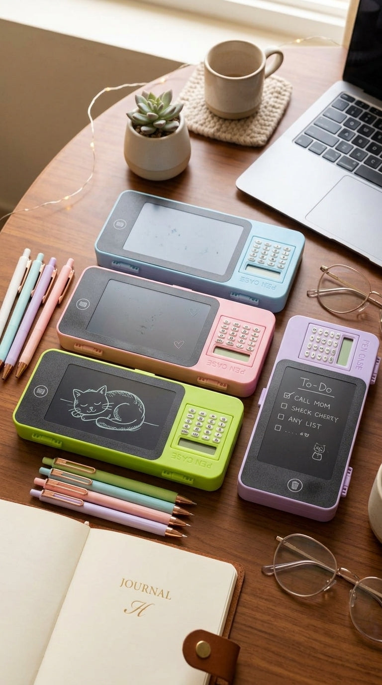 PENCIL BOX THAT COMES WITH LCD AND A CALCULATOR FOR BOTH BOYS AND GIRLS AVAILABLE IN 4 COLOURS