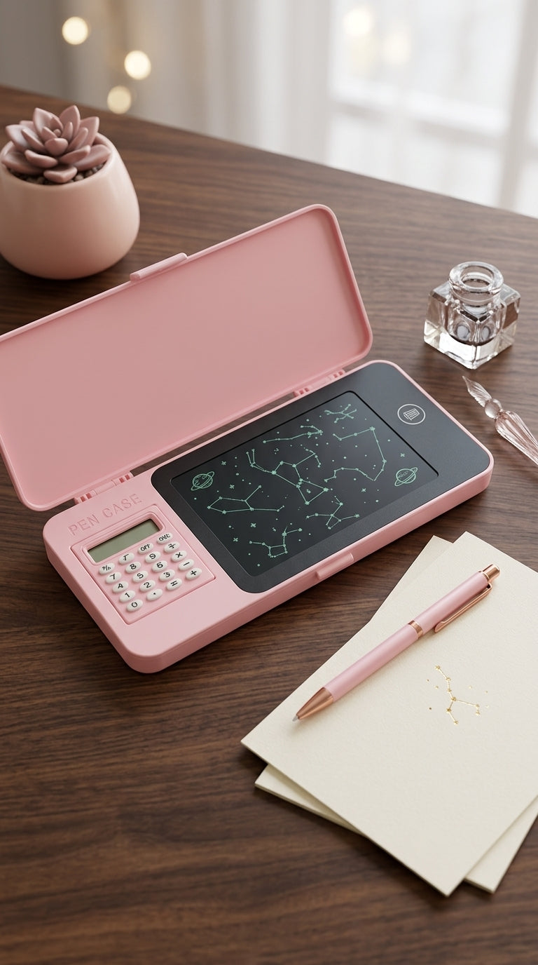PENCIL BOX THAT COMES WITH LCD AND A CALCULATOR FOR BOTH BOYS AND GIRLS AVAILABLE IN 4 COLOURS