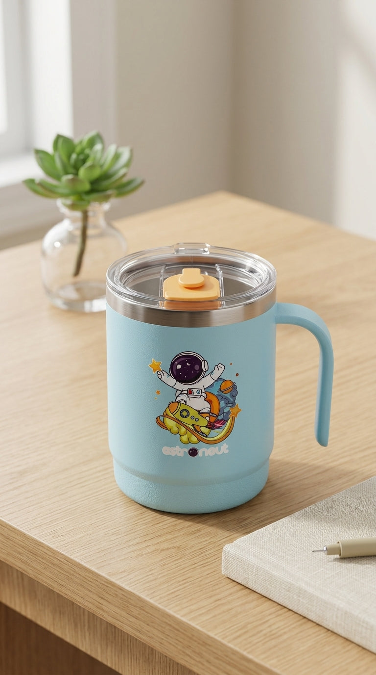 Insulated Mug with Lid and Straw, Stainless Steel, Blue, 12.5 x 11.5 cm, with Handle