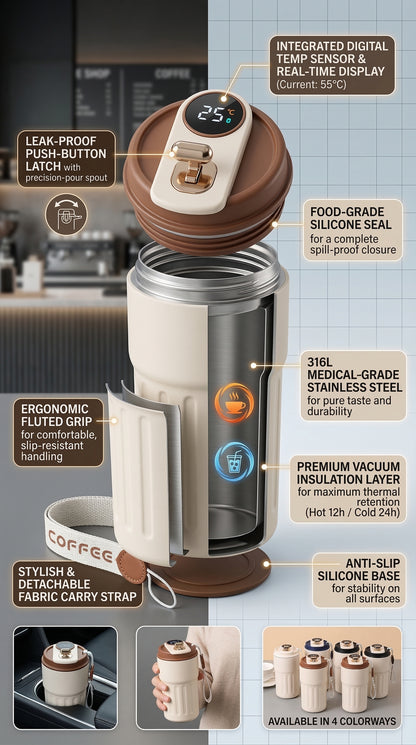 500ml Coffee Mug - Insulated Travel Tumbler, Spill-Proof Lid, Stainless Steel Thermos Cup for Hot & Cold Drinks, Reusable for Men & Women( Beige)