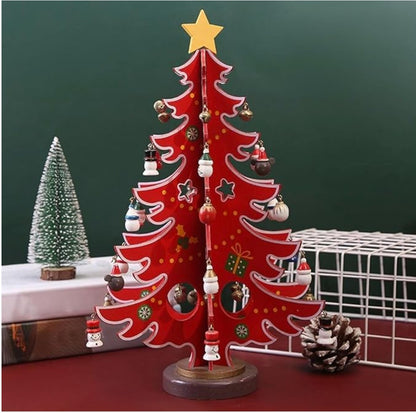 Wooden Christmas Tree Tabletop Decoration, Red and Green Mini Ornaments, Holiday Desktop Display with Star Topper and Snowman Decorations, Traditional Winter Home Decor