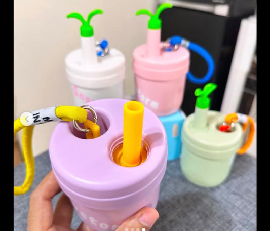 Plant sprout kids water bottle, 450 Ml - stainless steel thermos with strap and a straw