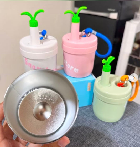 Plant sprout kids water bottle, 450 Ml - stainless steel thermos with strap and a straw