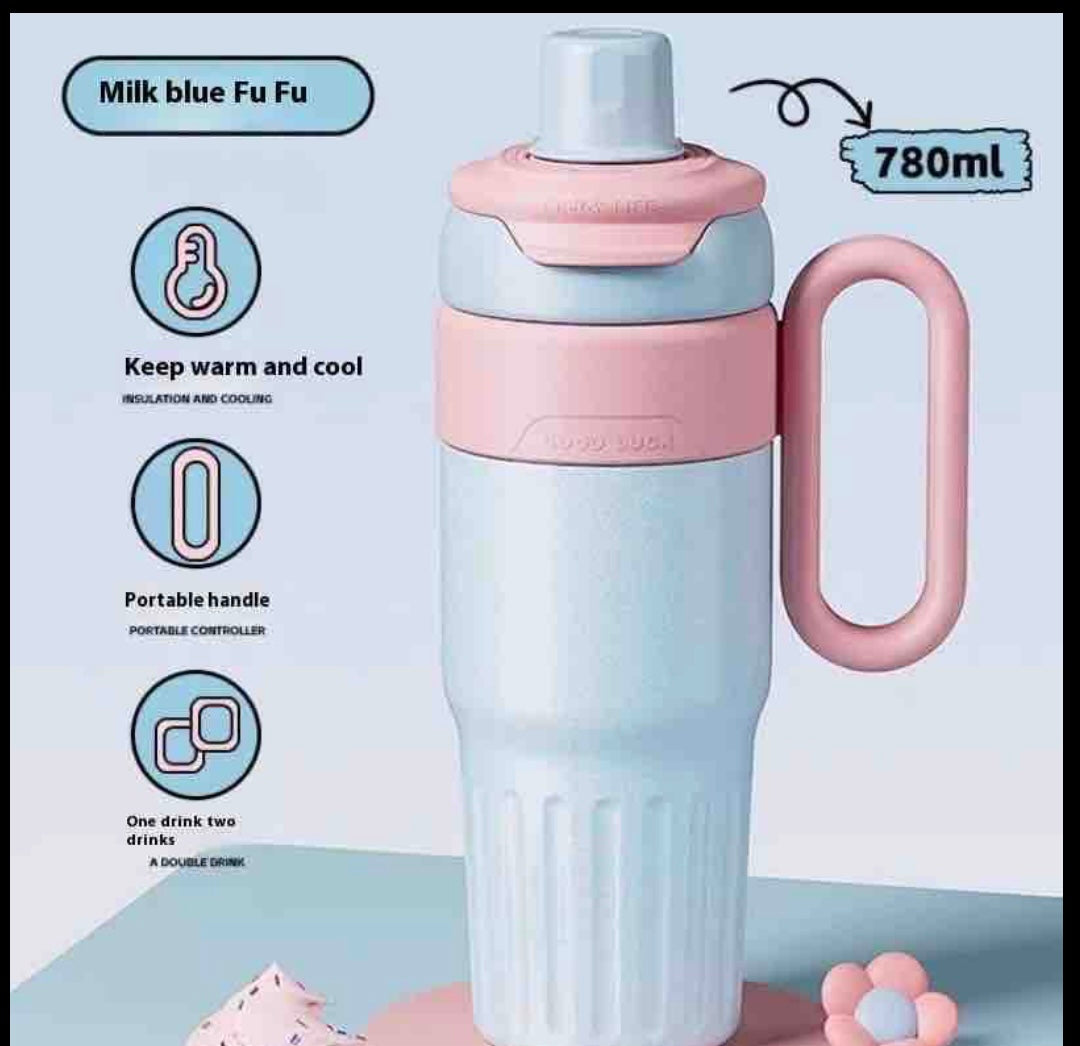 750ml Insulated Water Bottle (Pastel Pink & Light Blue) - Hot & Cold Double Wall Tumbler with Handle, Straw & Spout Lid for Gym, Office, Travel by KATTY MAO My First Best Friend