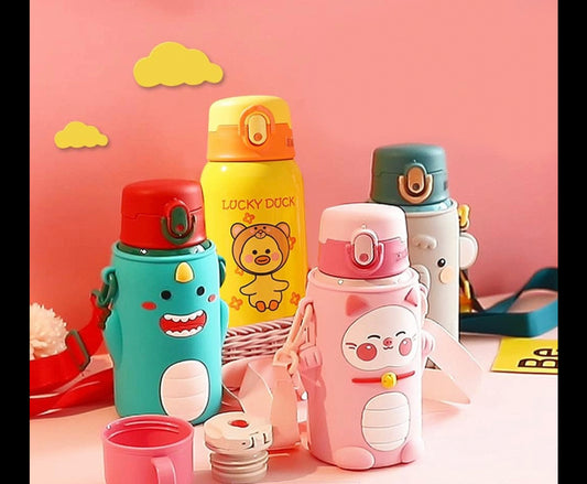 Insulated Stainless Steel water bottle for kids with cup mug with silicone holder cover , double walled  vacuum cartoon insulated stainless steel bottle 500 ml