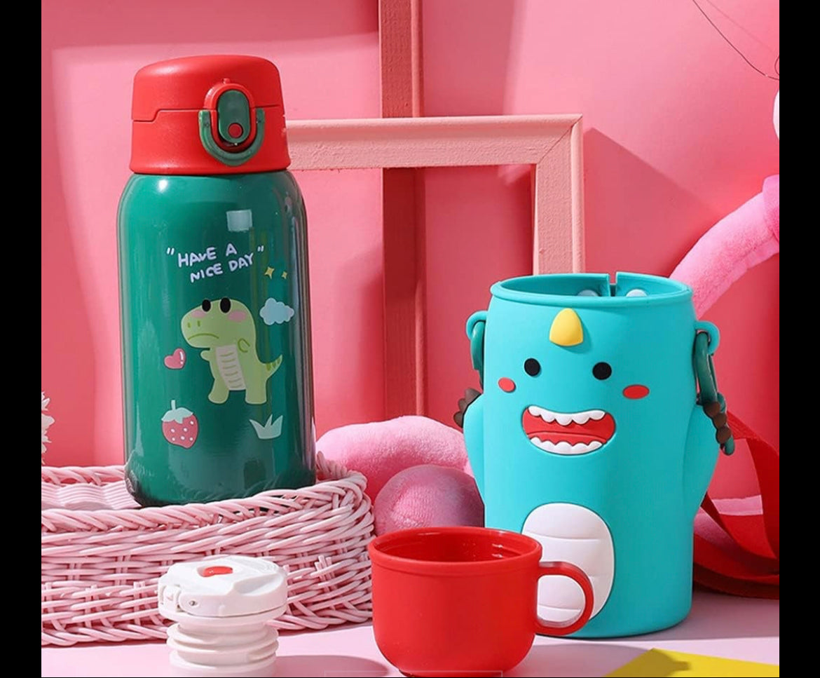 Insulated Stainless Steel water bottle for kids with cup mug with silicone holder cover , double walled  vacuum cartoon insulated stainless steel bottle 500 ml
