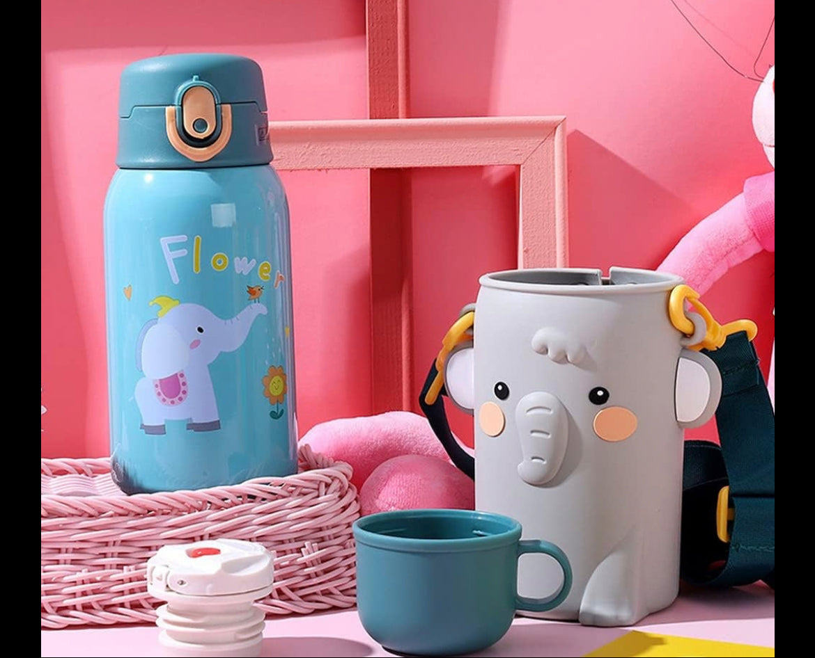 Insulated Stainless Steel water bottle for kids with cup mug with silicone holder cover , double walled  vacuum cartoon insulated stainless steel bottle 500 ml