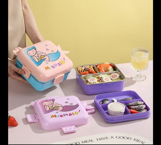 Mermaid Cartoon Square Kids Lunch Box, 3-Compartment with Sauce Container