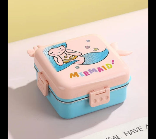 Mermaid Cartoon Square Kids Lunch Box, 3-Compartment with Sauce Container