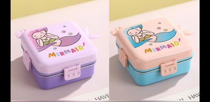 Mermaid Cartoon Square Kids Lunch Box, 3-Compartment with Sauce Container