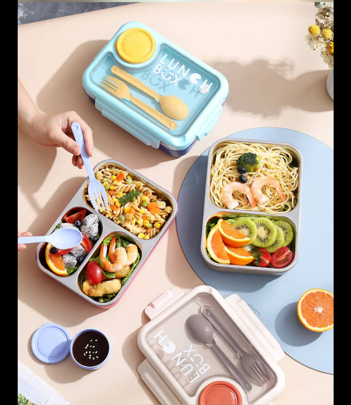 Modern Pastel Stainless Steel Kids Lunch Box (2- & 3-Compartment, Fork/Spoon & Sauce Bowl)