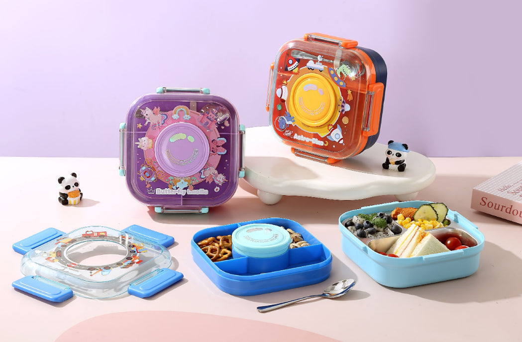 Square Cartoon Kids Lunch Box (Leakproof Partition Bento, Multi-Theme)