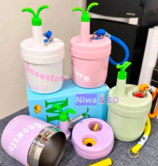 Plant sprout kids water bottle, 450 Ml - stainless steel thermos with strap and a straw