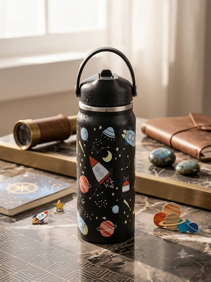 Katty Mao - My First Best Friend Kids Sipper Water Bottle for Kids, Steel Water Bottle for Kids in Blue Space, 600ml Matte Finish, Top Handle Carry, Perfect for School and Play, 304 Stainless Steel