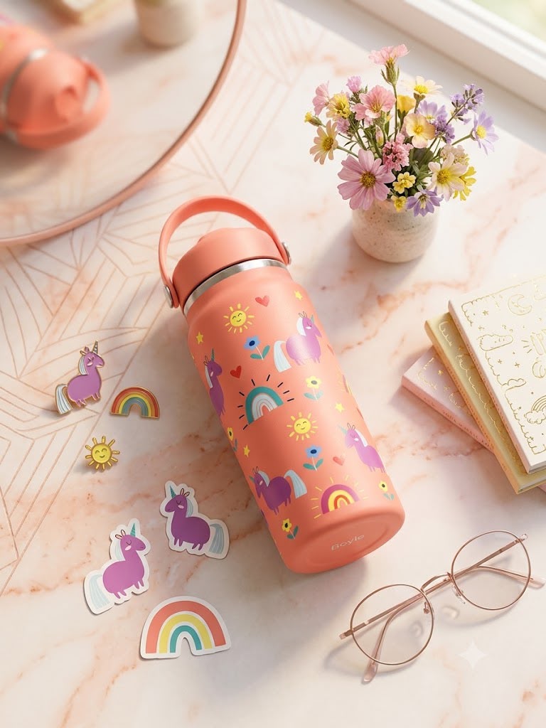 Katty Mao - My First Best Friend Kids Sipper Water Bottle for Kids, Steel Water Bottle for Kids in Blue Space, 600ml Matte Finish, Top Handle Carry, Perfect for School and Play, 304 Stainless Steel
